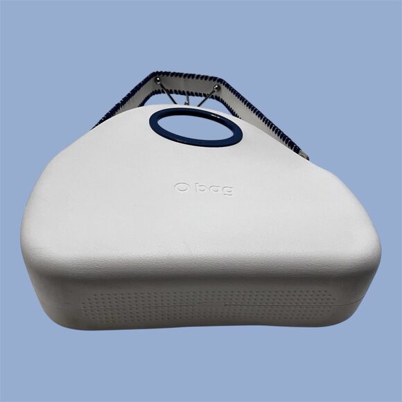 O bag Classic White Shell Blue Handles Liner Whipstitch Strap Modular Italy - Picture 4 of 16